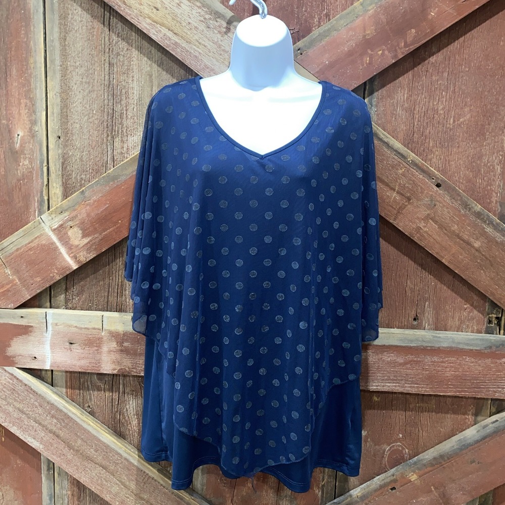 Shannon Ford New York Blouse Plus Sz 2X Sheer Polka Dot Blue V-Neck Party Top